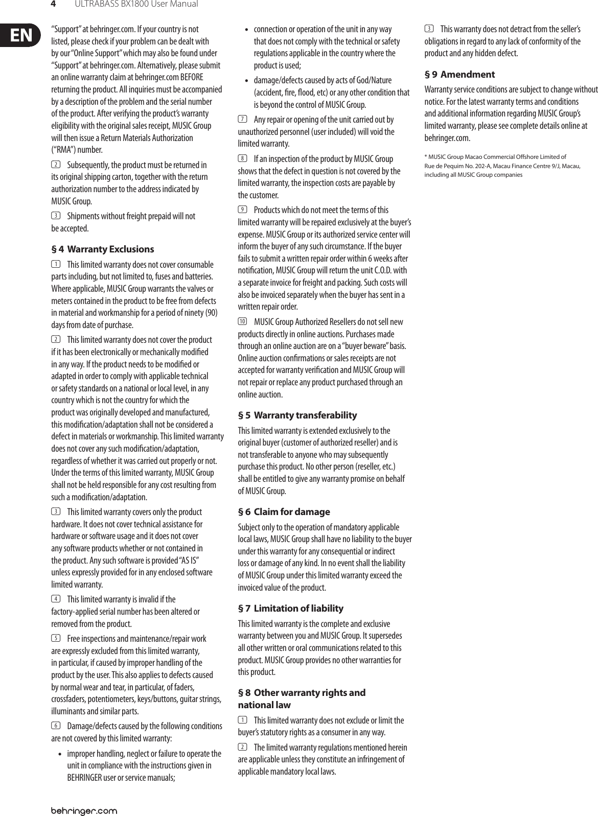 Page 4 of 9 - Behringer Behringer-Bx1800-Users-Manual- P0409 (BX1800) Behringer-bx1800-users-manual