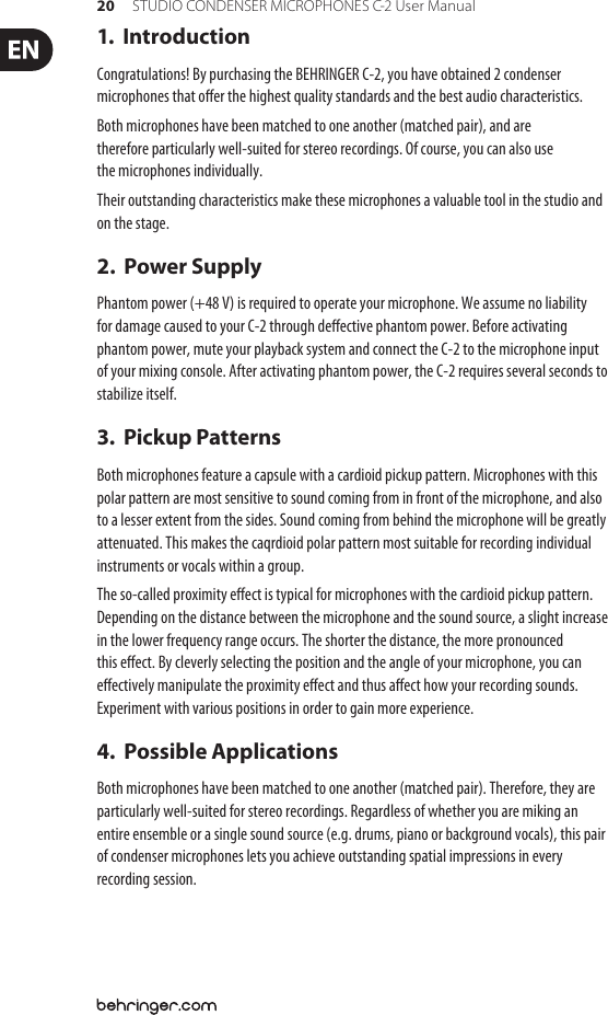 Page 4 of 8 - Behringer Behringer-C-2-Users-Manual- STUDIO CONDENSER MICROPHONES C-2  Behringer-c-2-users-manual