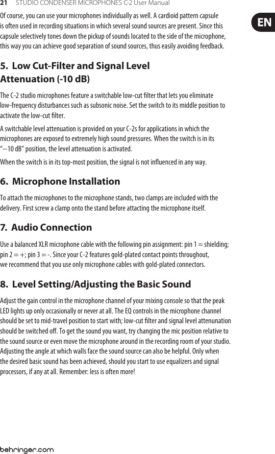Page 5 of 8 - Behringer Behringer-C-2-Users-Manual- STUDIO CONDENSER MICROPHONES C-2  Behringer-c-2-users-manual