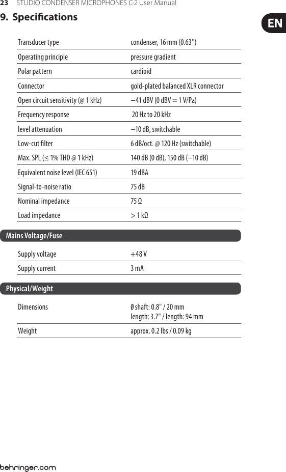 Page 7 of 8 - Behringer Behringer-C-2-Users-Manual- STUDIO CONDENSER MICROPHONES C-2  Behringer-c-2-users-manual