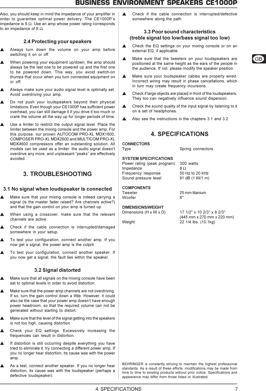 Page 7 of 8 - Behringer Behringer-Ce1000P-Users-Manual- DATA-MANFULL_CE1000P_ENG_Rev_A.PMD  Behringer-ce1000p-users-manual