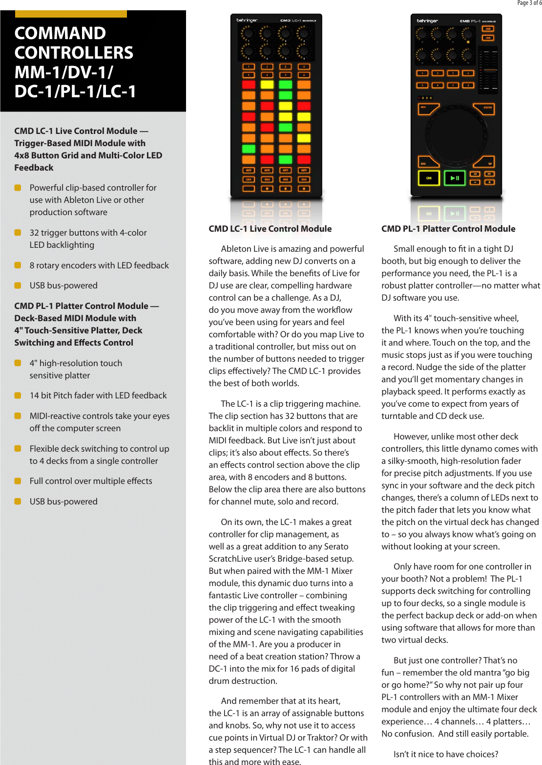 Page 3 of 6 - Behringer Behringer-Cmd-Dc-1-Brochure- COMMAND CONTROLLERS MM-1/DV-1/DC-1/PL-1/LC-1  Behringer-cmd-dc-1-brochure