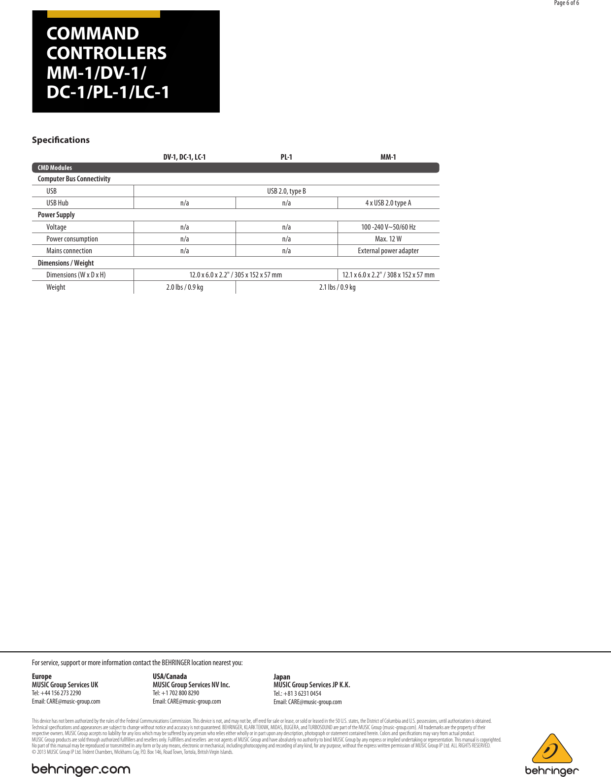 Page 6 of 6 - Behringer Behringer-Cmd-Dc-1-Brochure- COMMAND CONTROLLERS MM-1/DV-1/DC-1/PL-1/LC-1  Behringer-cmd-dc-1-brochure