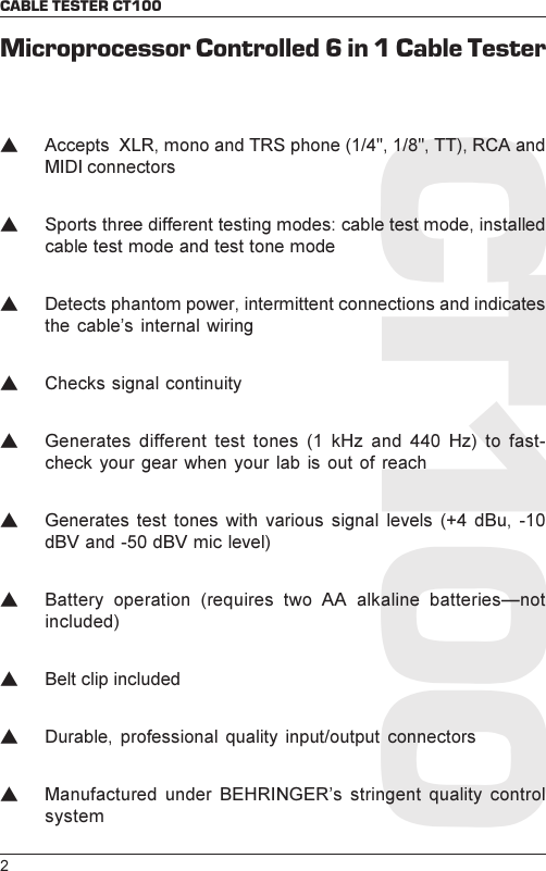 Page 2 of 3 - Behringer Behringer-Ct100-Specification-Sheet- CT100_SPECS_Rev. A.PMD  Behringer-ct100-specification-sheet