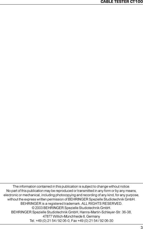 Page 3 of 3 - Behringer Behringer-Ct100-Specification-Sheet- CT100_SPECS_Rev. A.PMD  Behringer-ct100-specification-sheet