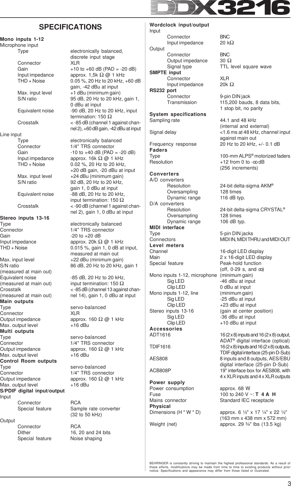 Page 3 of 4 - Behringer Behringer-Ddx3216-Users-Manual- DDX3216_A_Specs.p65  Behringer-ddx3216-users-manual