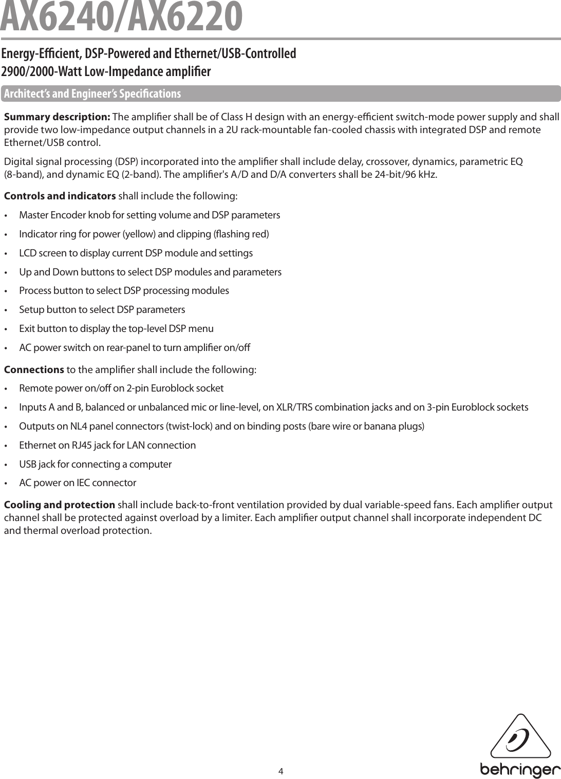 Page 4 of 6 - Behringer Behringer-Eurocom-Ax6240-Specification-Sheet- AX6240/AX6220  Behringer-eurocom-ax6240-specification-sheet