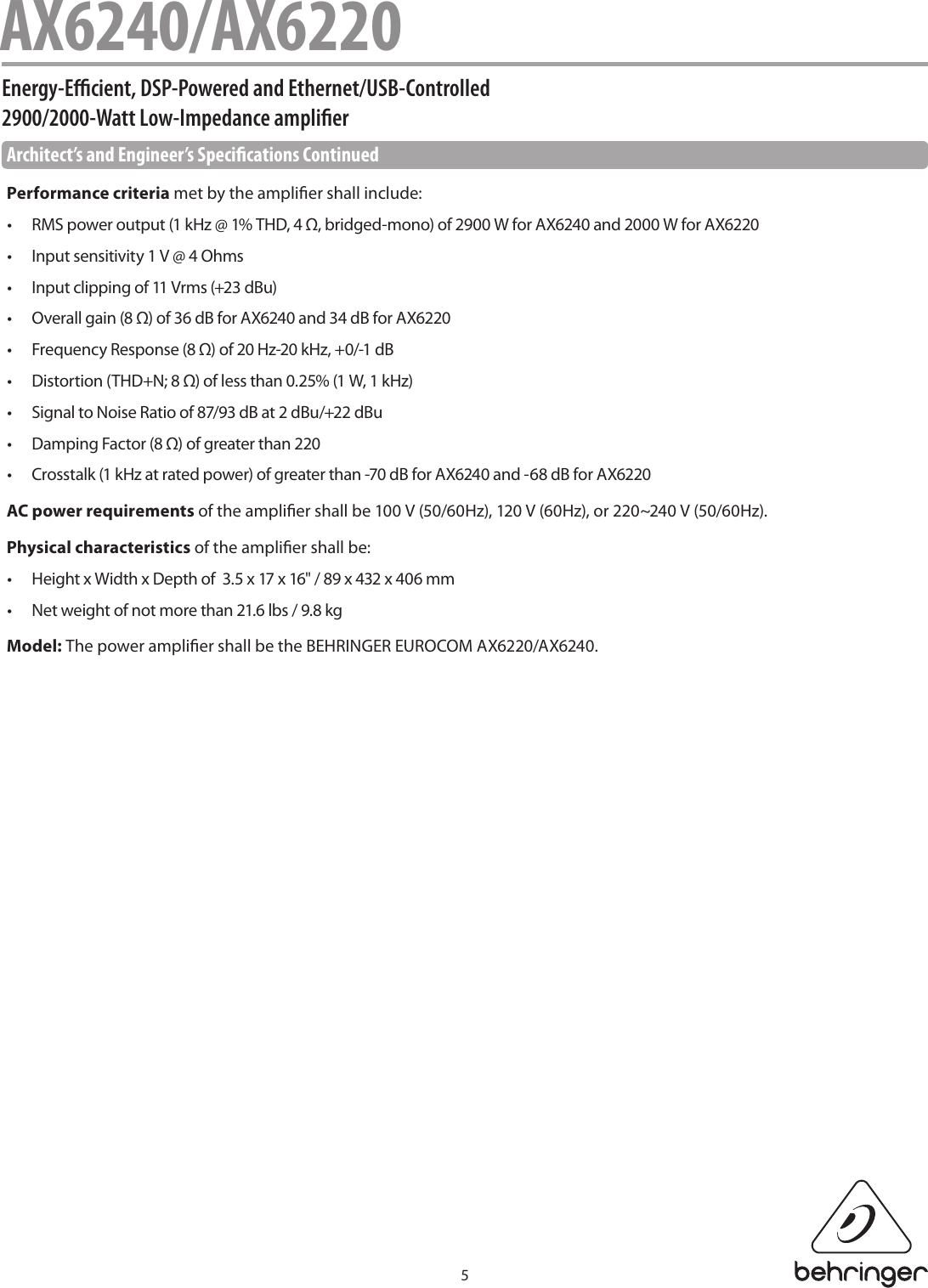 Page 5 of 6 - Behringer Behringer-Eurocom-Ax6240-Specification-Sheet- AX6240/AX6220  Behringer-eurocom-ax6240-specification-sheet