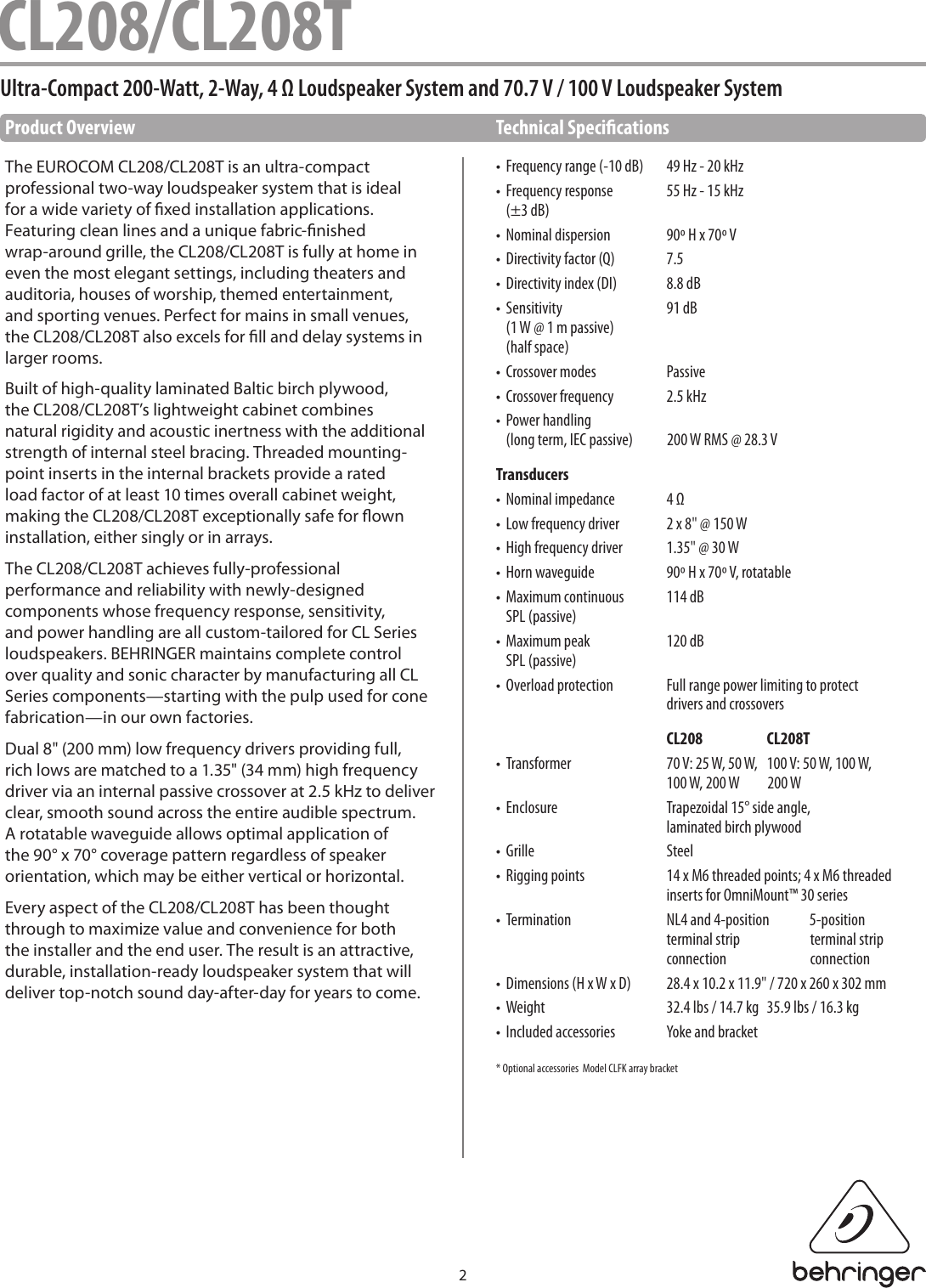 Page 2 of 7 - Behringer Behringer-Eurocom-Cl208-Specification-Sheet- CL208/CL208T Behringer-eurocom-cl208-specification-sheet