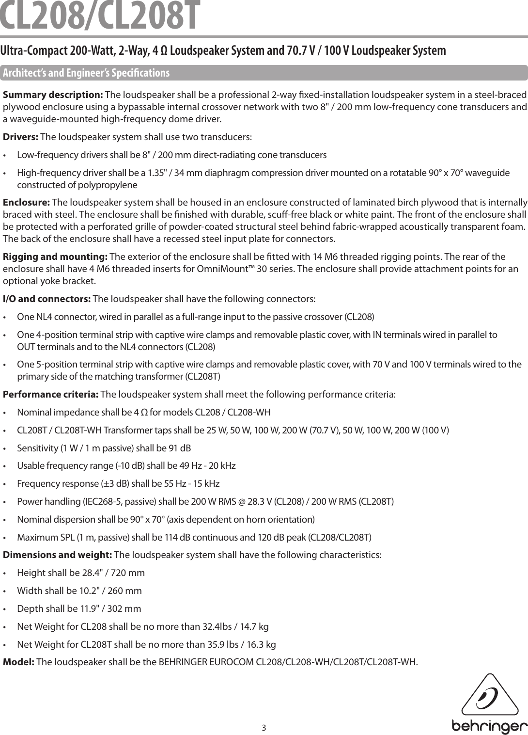 Page 3 of 7 - Behringer Behringer-Eurocom-Cl208-Specification-Sheet- CL208/CL208T Behringer-eurocom-cl208-specification-sheet