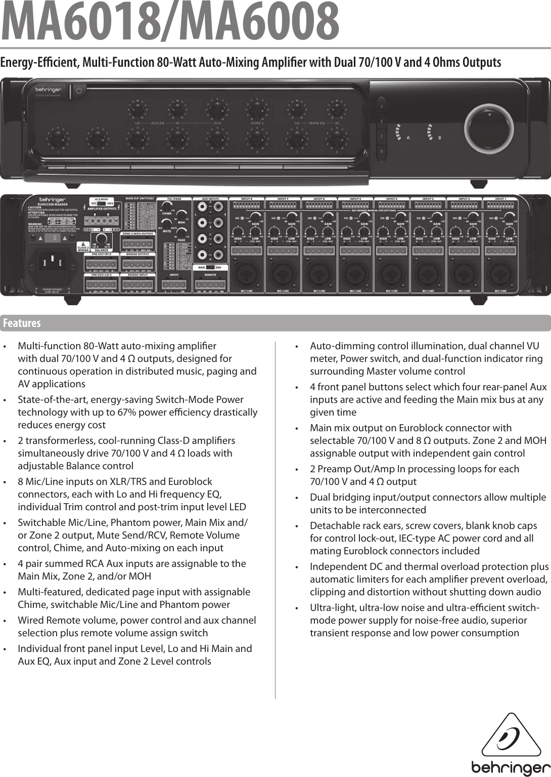 Page 1 of 7 - Behringer Behringer-Eurocom-Ma6008-Specification-Sheet- MA6018/MA6008  Behringer-eurocom-ma6008-specification-sheet