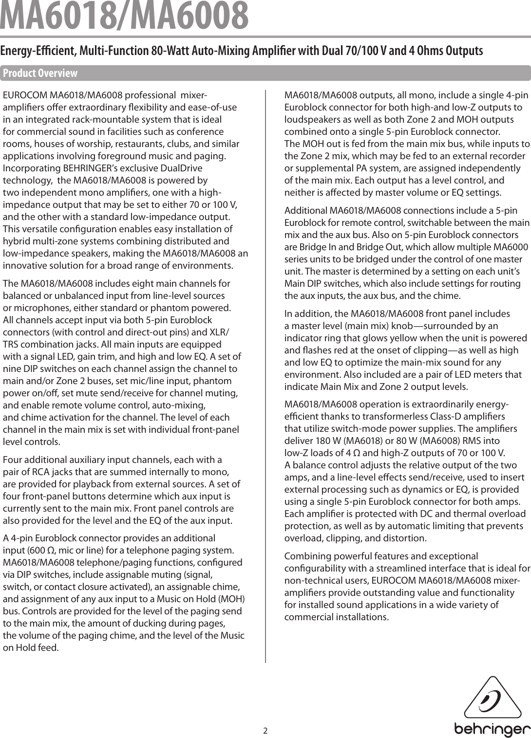 Page 2 of 7 - Behringer Behringer-Eurocom-Ma6008-Specification-Sheet- MA6018/MA6008  Behringer-eurocom-ma6008-specification-sheet