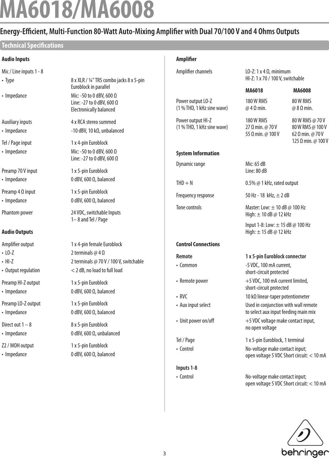 Page 3 of 7 - Behringer Behringer-Eurocom-Ma6008-Specification-Sheet- MA6018/MA6008  Behringer-eurocom-ma6008-specification-sheet