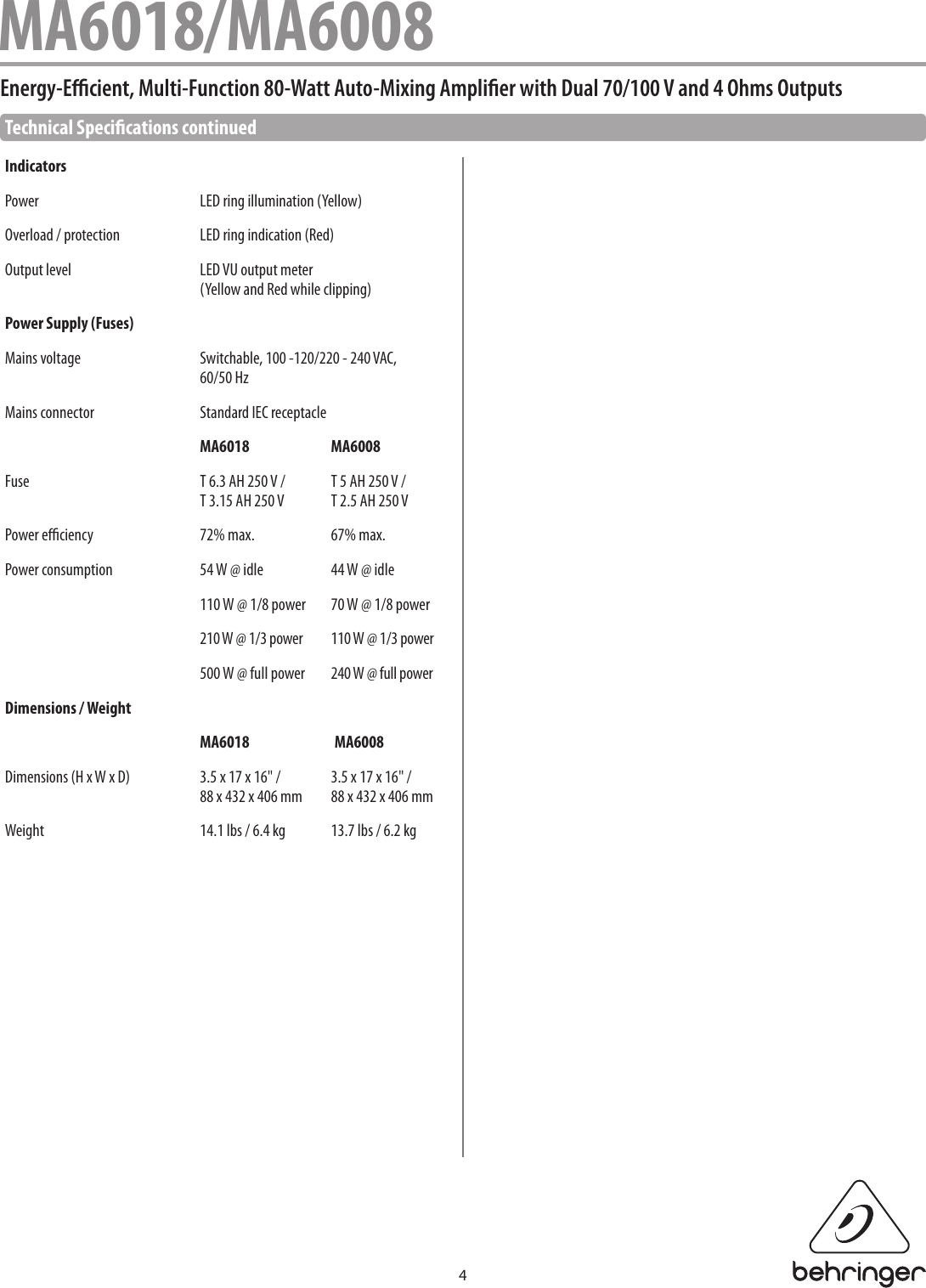 Page 4 of 7 - Behringer Behringer-Eurocom-Ma6008-Specification-Sheet- MA6018/MA6008  Behringer-eurocom-ma6008-specification-sheet