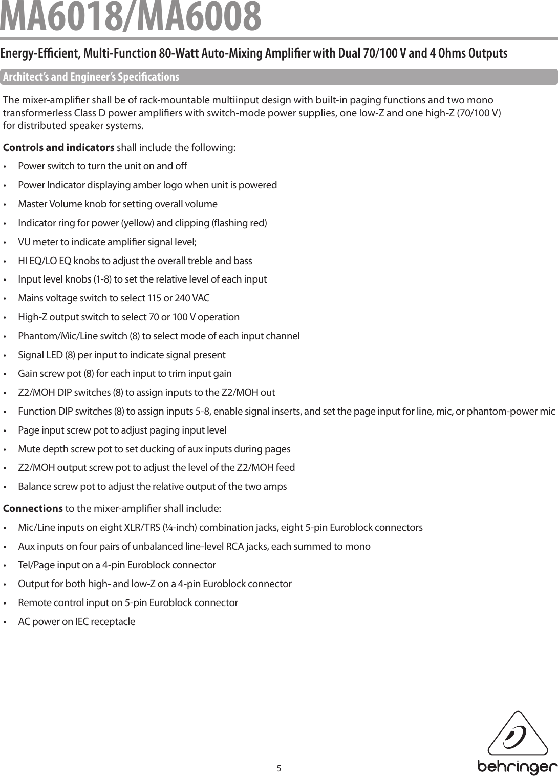 Page 5 of 7 - Behringer Behringer-Eurocom-Ma6008-Specification-Sheet- MA6018/MA6008  Behringer-eurocom-ma6008-specification-sheet