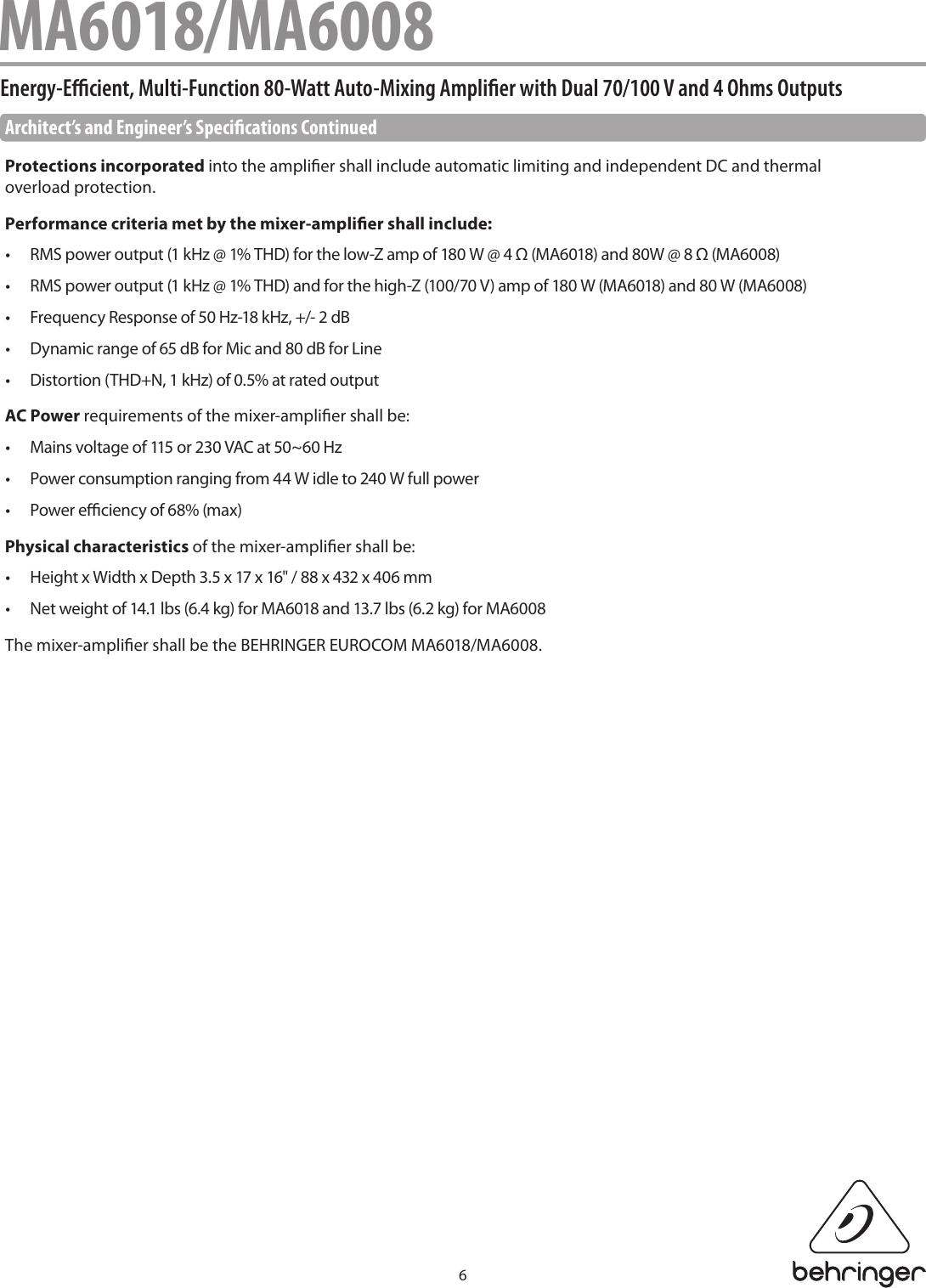 Page 6 of 7 - Behringer Behringer-Eurocom-Ma6008-Specification-Sheet- MA6018/MA6008  Behringer-eurocom-ma6008-specification-sheet
