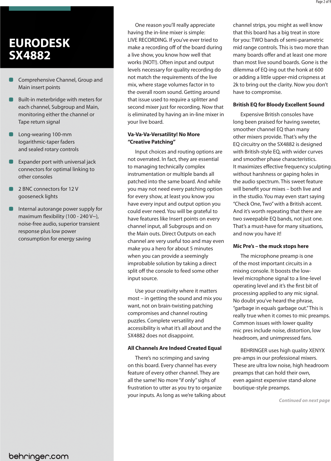 Page 2 of 9 - Behringer Behringer-Eurodesk-Sx4882-Brochure- EURODESK SX4882  Behringer-eurodesk-sx4882-brochure