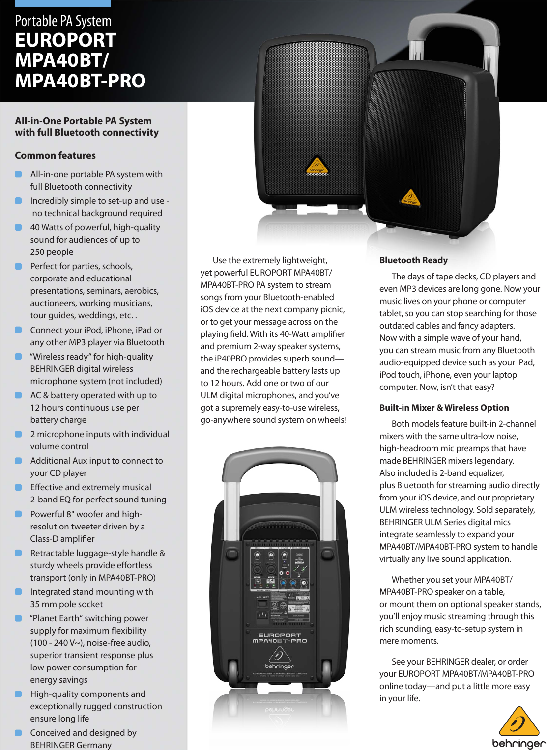 Behringer Europort Mpa40bt Brochure Europort Mpa40bt Mpa40bt Pro