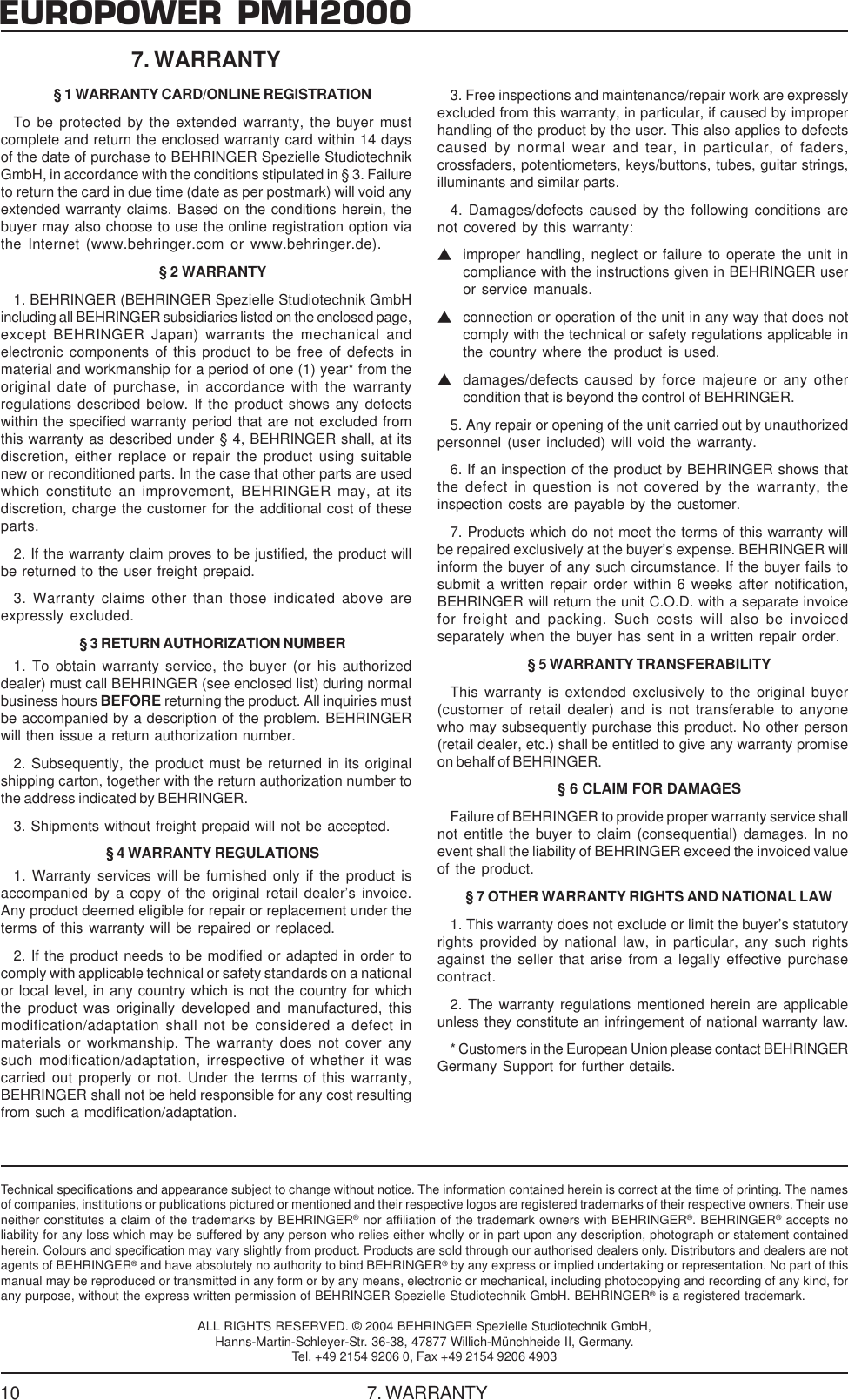 Page 10 of 10 - Behringer Behringer-Europower-Pmh2000-Users-Manual- PMH2000_ENG_Rev_E  Behringer-europower-pmh2000-users-manual