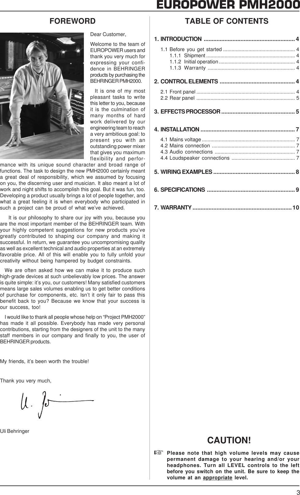 Page 3 of 10 - Behringer Behringer-Europower-Pmh2000-Users-Manual- PMH2000_ENG_Rev_E  Behringer-europower-pmh2000-users-manual