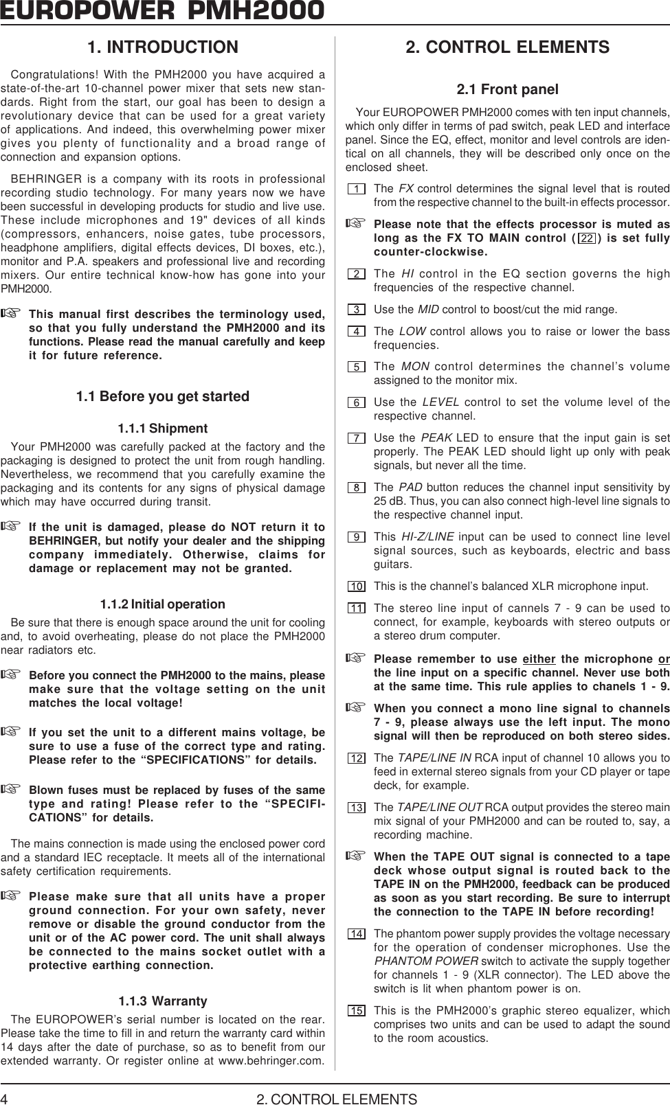 Page 4 of 10 - Behringer Behringer-Europower-Pmh2000-Users-Manual- PMH2000_ENG_Rev_E  Behringer-europower-pmh2000-users-manual