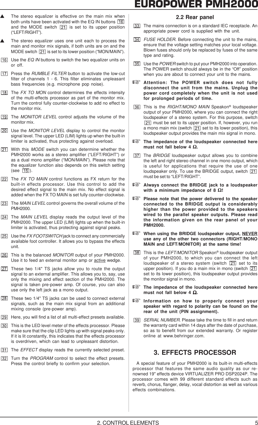 Page 5 of 10 - Behringer Behringer-Europower-Pmh2000-Users-Manual- PMH2000_ENG_Rev_E  Behringer-europower-pmh2000-users-manual