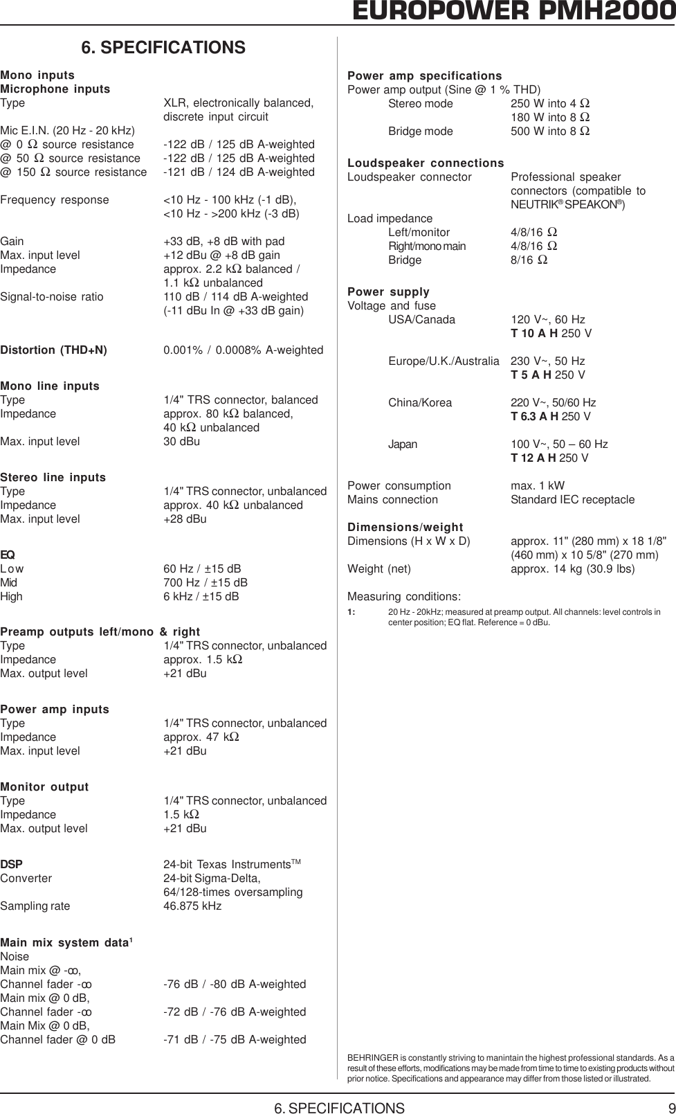 Page 9 of 10 - Behringer Behringer-Europower-Pmh2000-Users-Manual- PMH2000_ENG_Rev_E  Behringer-europower-pmh2000-users-manual