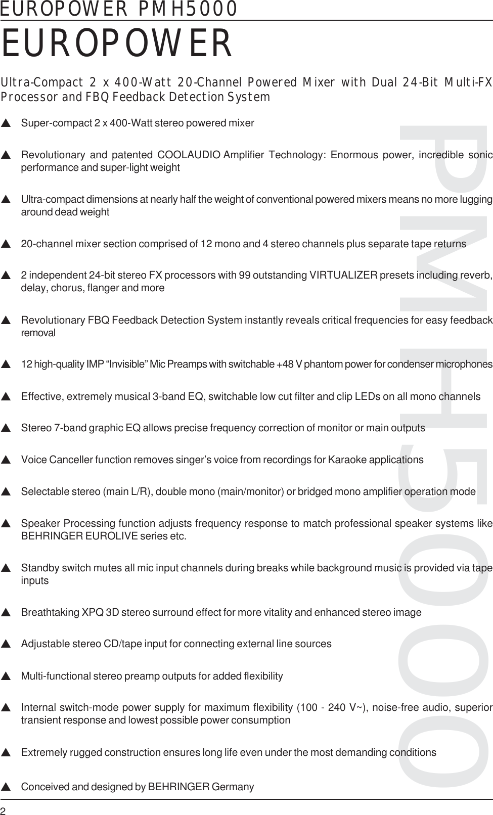 Page 2 of 4 - Behringer Behringer-Europower-Pmh5000-Specification-Sheet-  Behringer-europower-pmh5000-specification-sheet