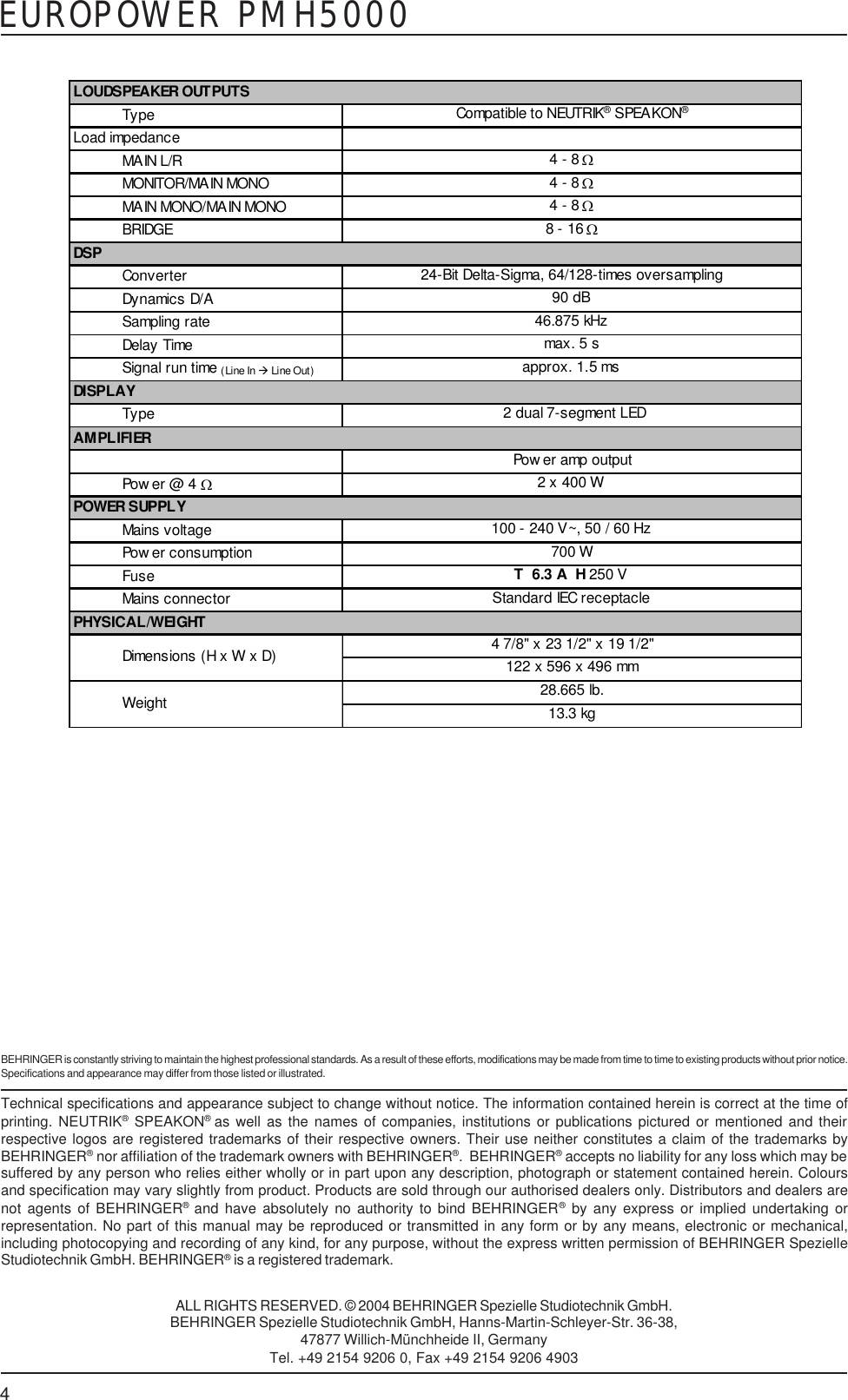 Page 4 of 4 - Behringer Behringer-Europower-Pmh5000-Specification-Sheet-  Behringer-europower-pmh5000-specification-sheet