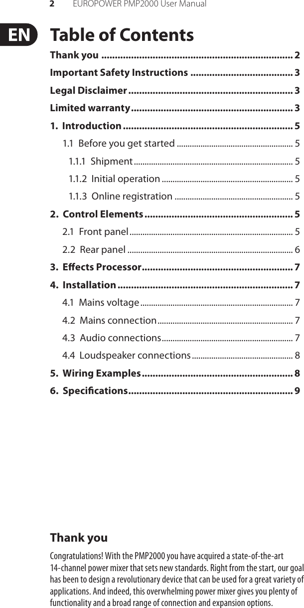 Page 2 of 12 - Behringer Behringer-Europower-Pmp2000-Users-Manual- EUROPOWER PMP2000  Behringer-europower-pmp2000-users-manual