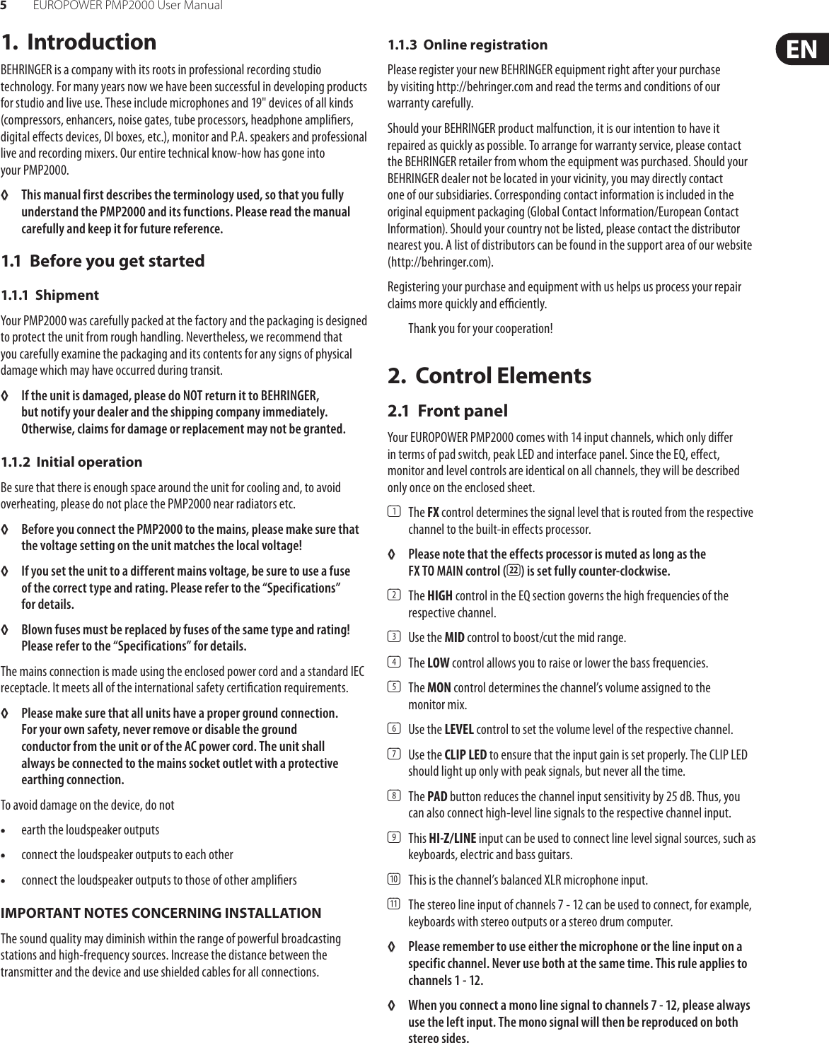 Page 5 of 12 - Behringer Behringer-Europower-Pmp2000-Users-Manual- EUROPOWER PMP2000  Behringer-europower-pmp2000-users-manual