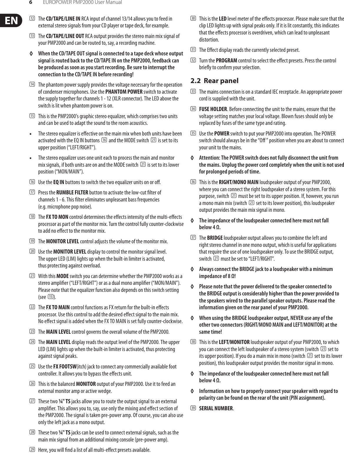 Page 6 of 12 - Behringer Behringer-Europower-Pmp2000-Users-Manual- EUROPOWER PMP2000  Behringer-europower-pmp2000-users-manual