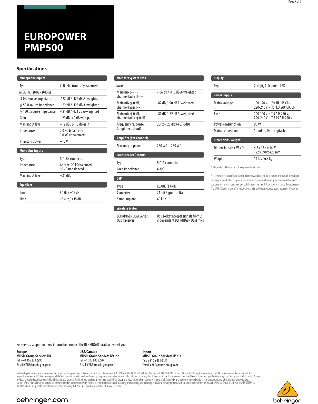 Page 7 of 7 - Behringer Behringer-Europower-Pmp500-Brochure- P0AJY (PMP500)  Behringer-europower-pmp500-brochure