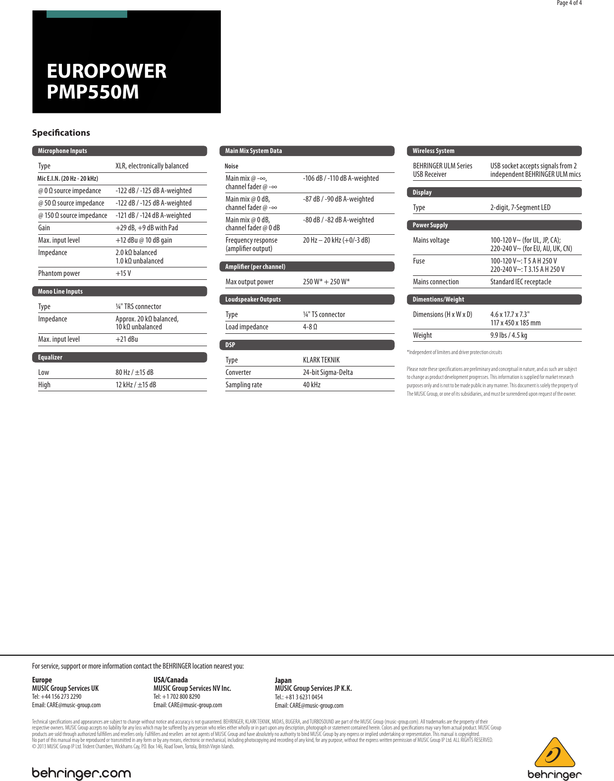 Page 4 of 4 - Behringer Behringer-Europower-Pmp550M-Brochure- P0AJV (PMP550M) Behringer-europower-pmp550m-brochure