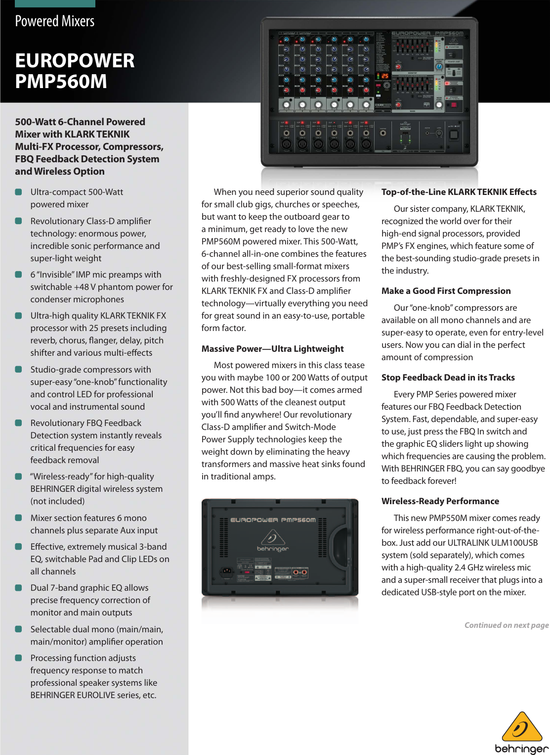 Page 1 of 7 - Behringer Behringer-Europower-Pmp560M-Brochure- P0AJW (PMP560M)  Behringer-europower-pmp560m-brochure