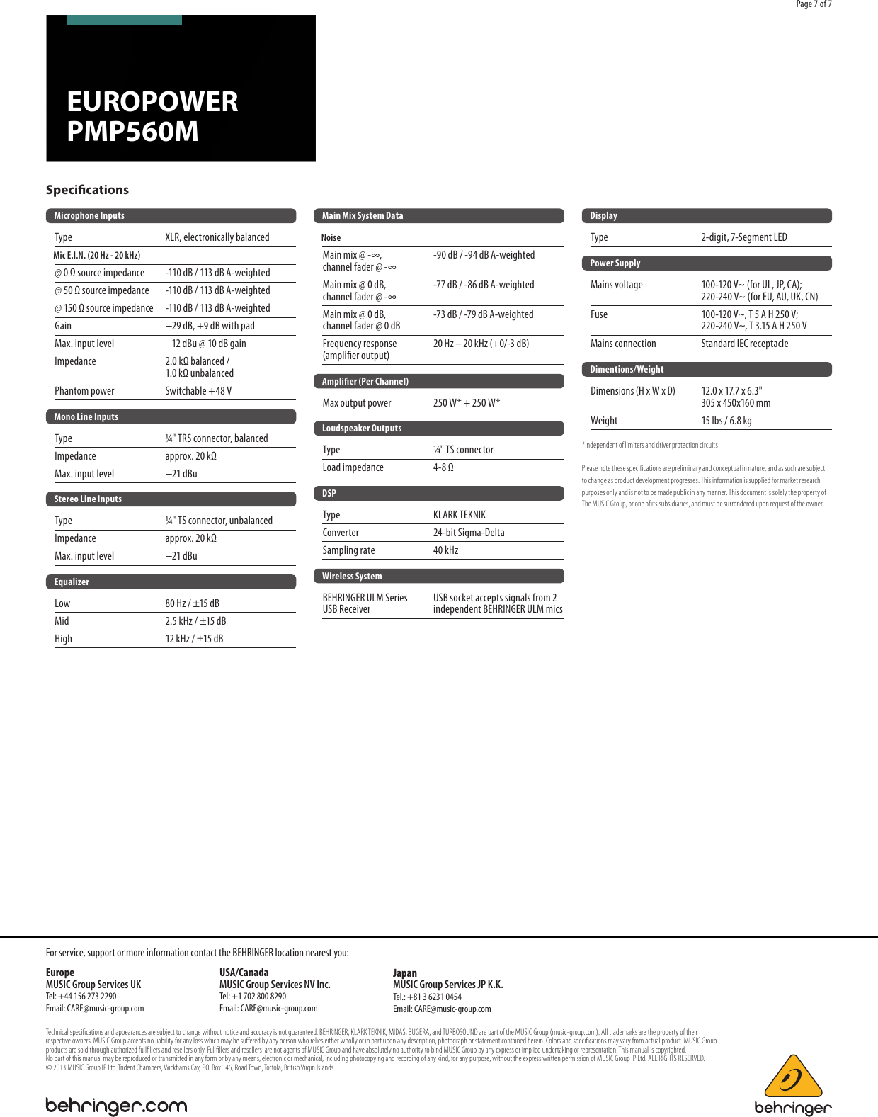 Page 7 of 7 - Behringer Behringer-Europower-Pmp560M-Brochure- P0AJW (PMP560M)  Behringer-europower-pmp560m-brochure