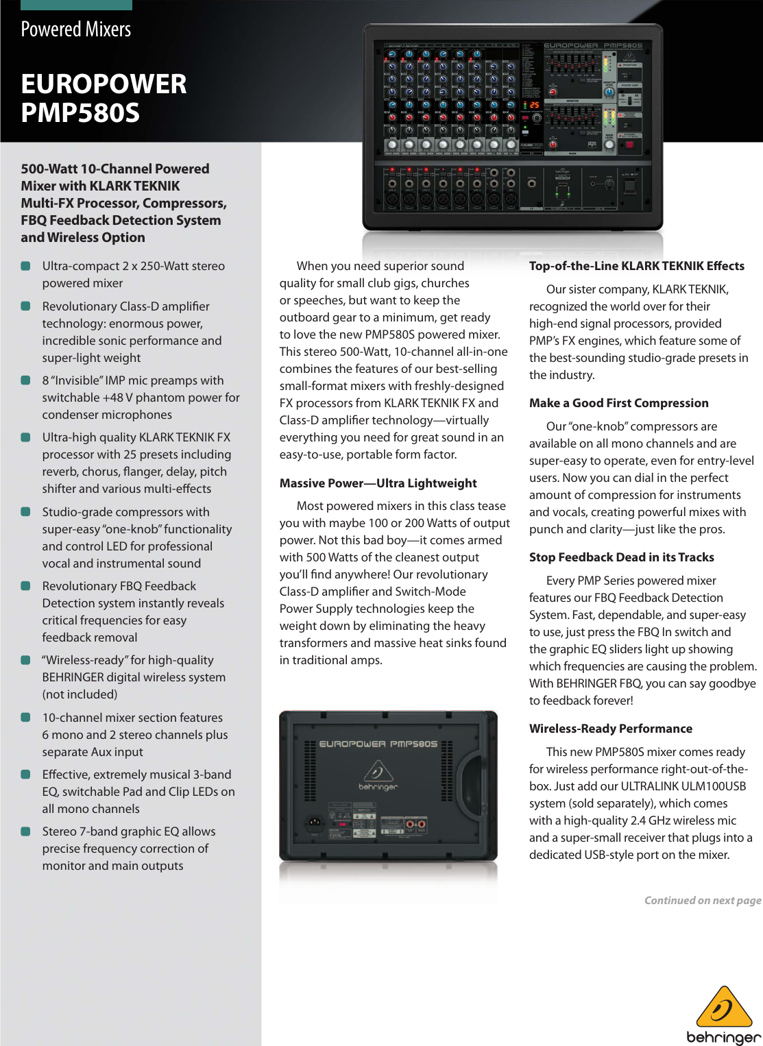 Page 1 of 5 - Behringer Behringer-Europower-Pmp580S-Brochure- P0AJX (PMP580S)  Behringer-europower-pmp580s-brochure