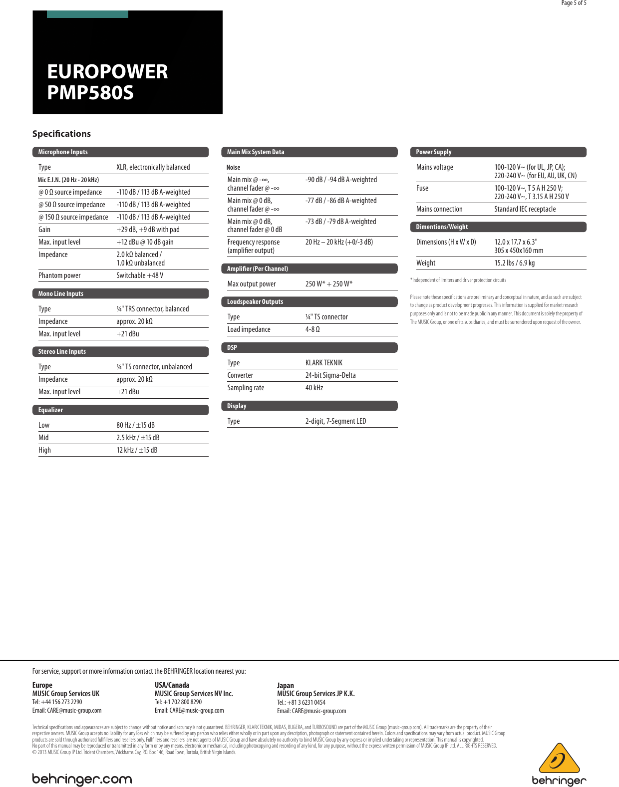 Page 5 of 5 - Behringer Behringer-Europower-Pmp580S-Brochure- P0AJX (PMP580S)  Behringer-europower-pmp580s-brochure