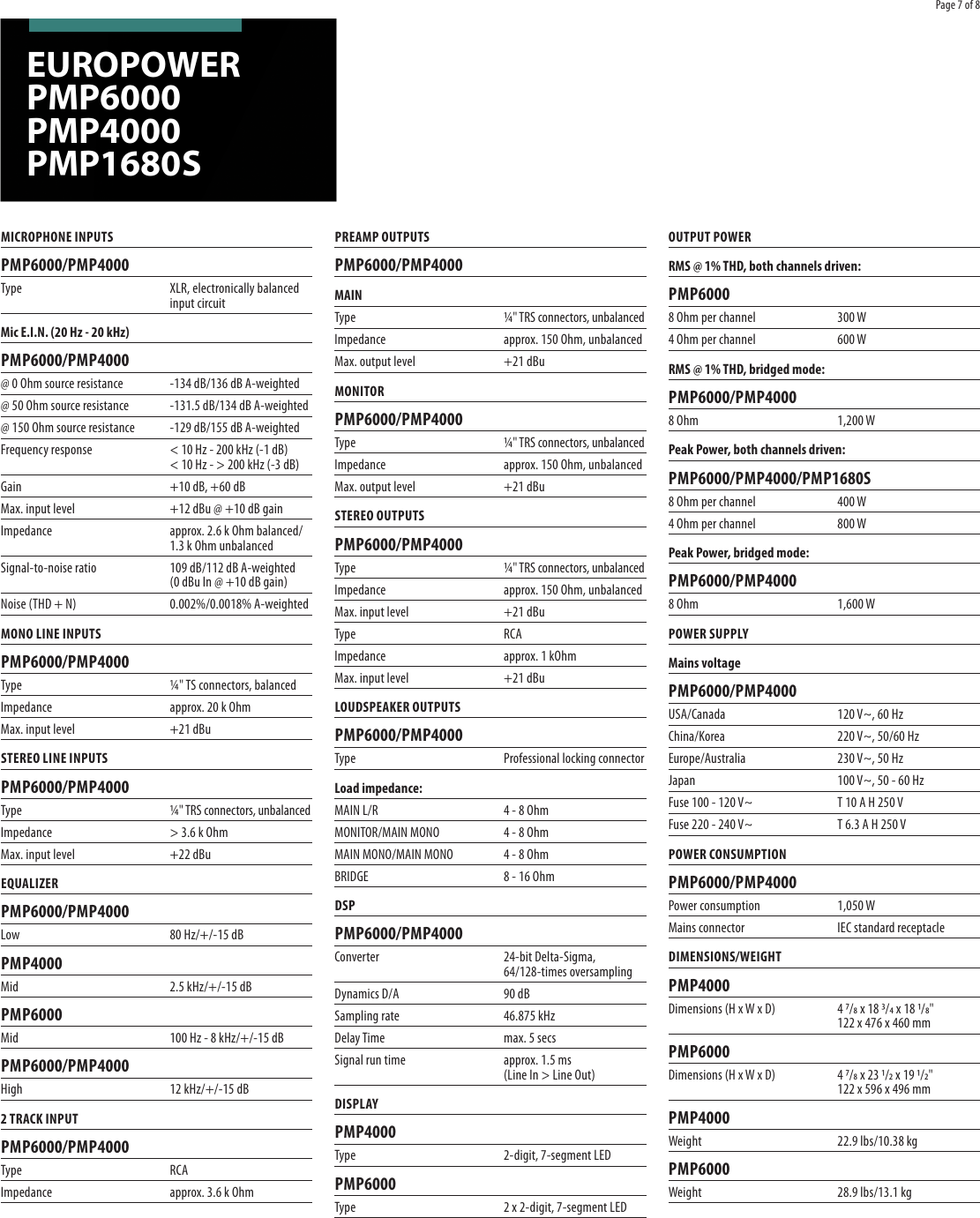 Page 7 of 8 - Behringer Behringer-Europower-Pmp6000-Pmp4000-Pmp1680S-Users-Manual- EUROPOWER PMP6000/PMP4000/PMP1680S  Behringer-europower-pmp6000-pmp4000-pmp1680s-users-manual