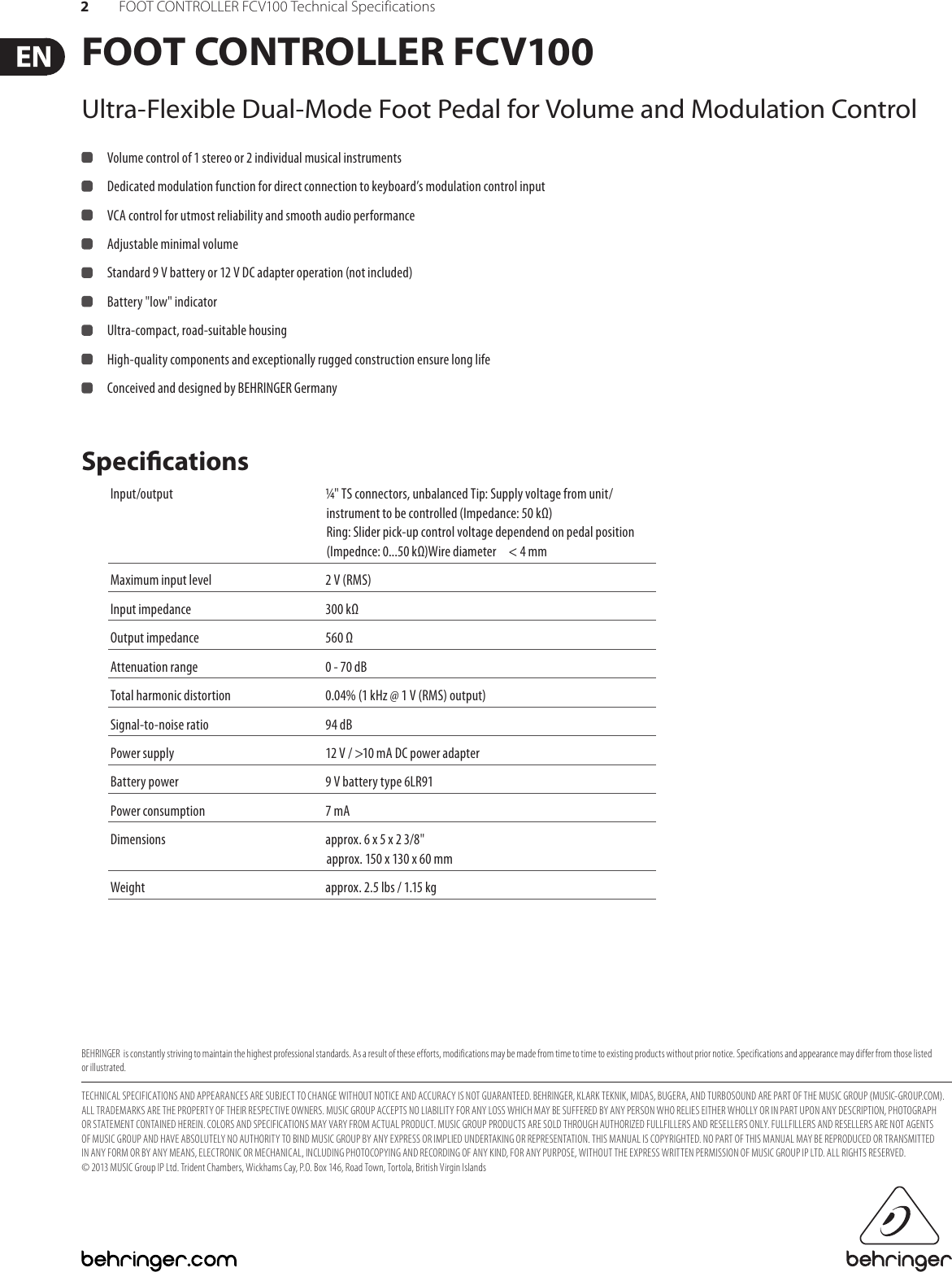 Page 2 of 2 - Behringer Behringer-Fcv100-Specification-Sheet- FOOT CONTROLLER FCV100  Behringer-fcv100-specification-sheet