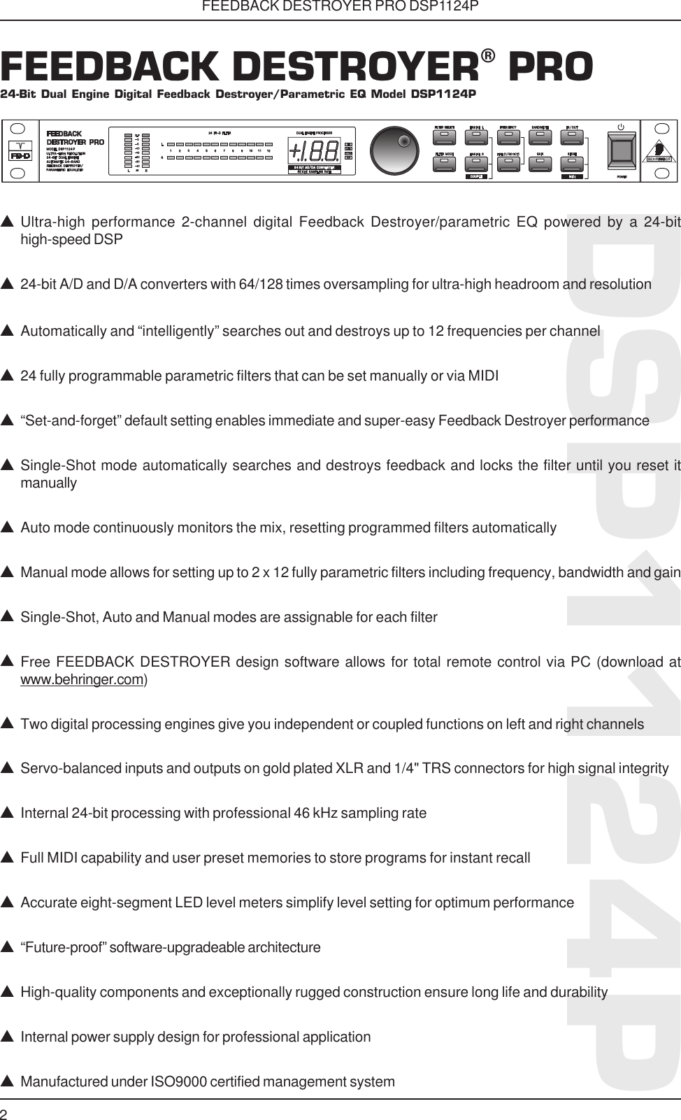 Page 2 of 4 - Behringer Behringer-Feedback-Destroyer-Pro-Dsp1124P-Specification-Sheet- DSP1124P_Specs_Rev A.p65  Behringer-feedback-destroyer-pro-dsp1124p-specification-sheet
