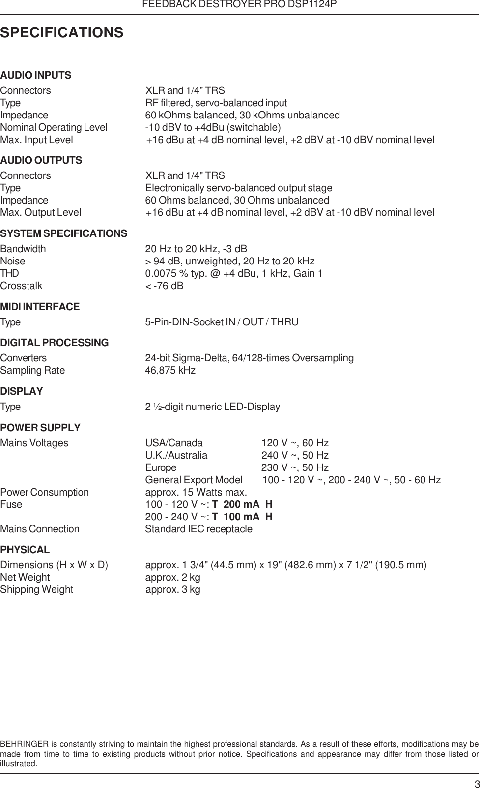 Page 3 of 4 - Behringer Behringer-Feedback-Destroyer-Pro-Dsp1124P-Specification-Sheet- DSP1124P_Specs_Rev A.p65  Behringer-feedback-destroyer-pro-dsp1124p-specification-sheet
