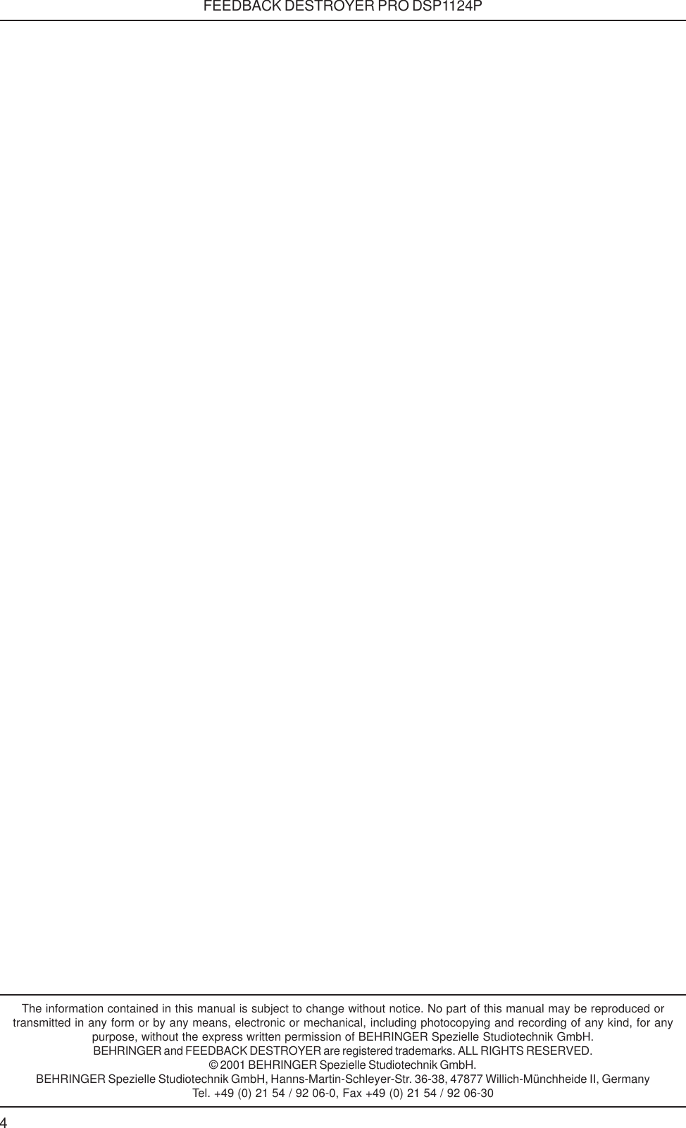 Page 4 of 4 - Behringer Behringer-Feedback-Destroyer-Pro-Dsp1124P-Specification-Sheet- DSP1124P_Specs_Rev A.p65  Behringer-feedback-destroyer-pro-dsp1124p-specification-sheet