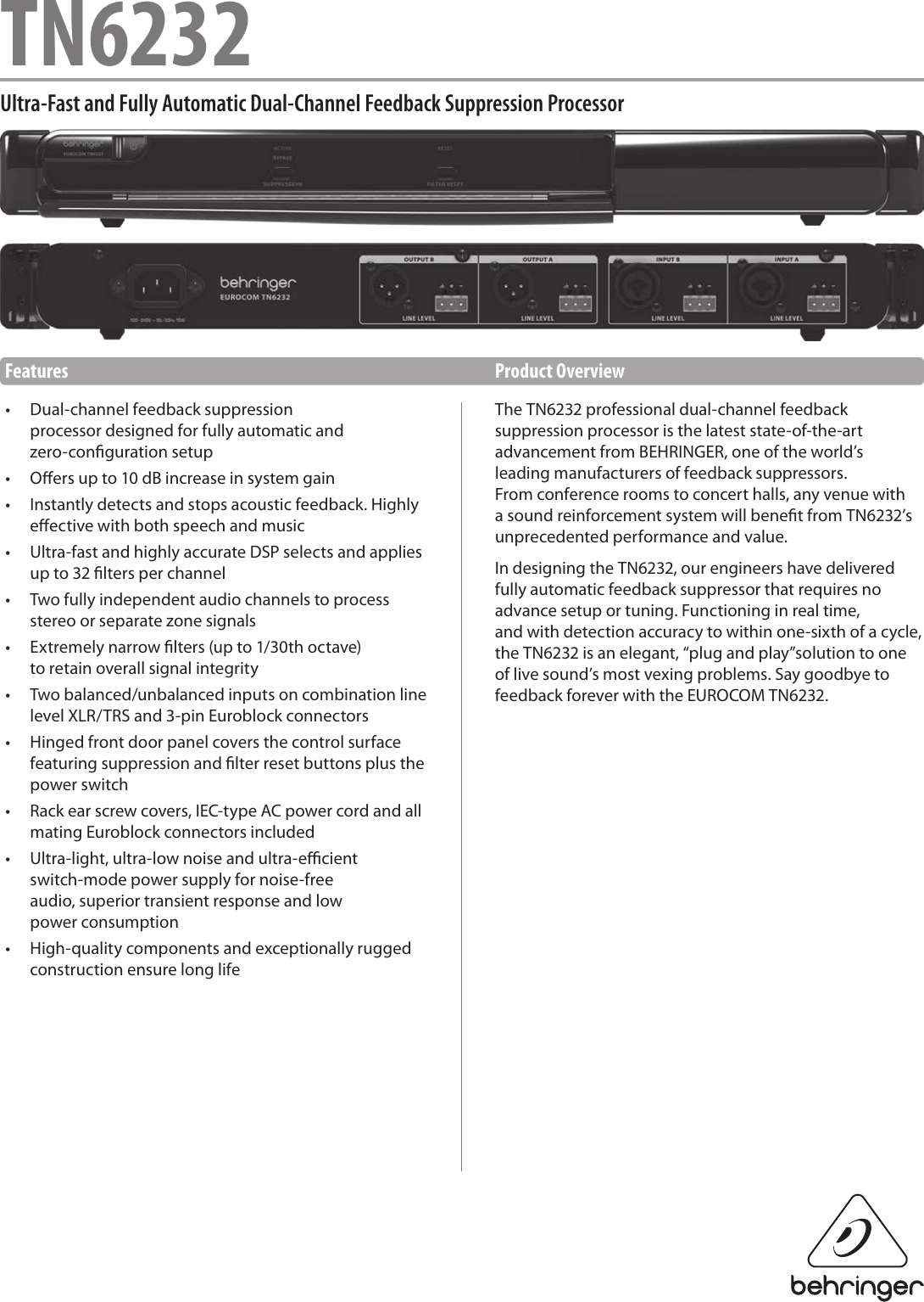 Page 1 of 4 - Behringer Behringer-Feedback-Destroyer-Tn6232-Specification-Sheet- TN6232  Behringer-feedback-destroyer-tn6232-specification-sheet