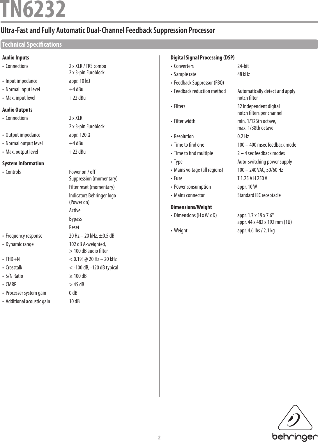 Page 2 of 4 - Behringer Behringer-Feedback-Destroyer-Tn6232-Specification-Sheet- TN6232  Behringer-feedback-destroyer-tn6232-specification-sheet