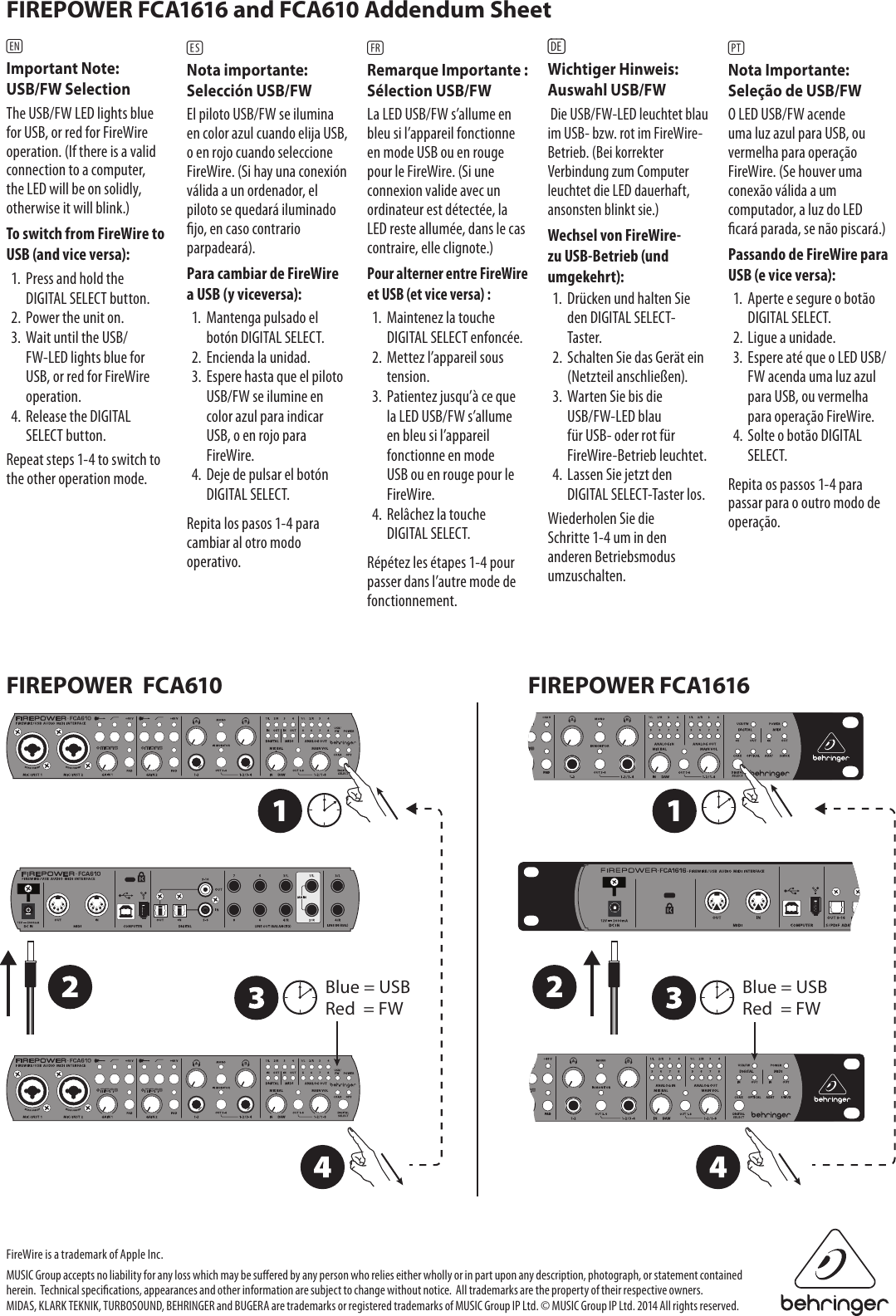 Behringer Firepower Fca1616 Instruction Sheet Fca610 And Addendum