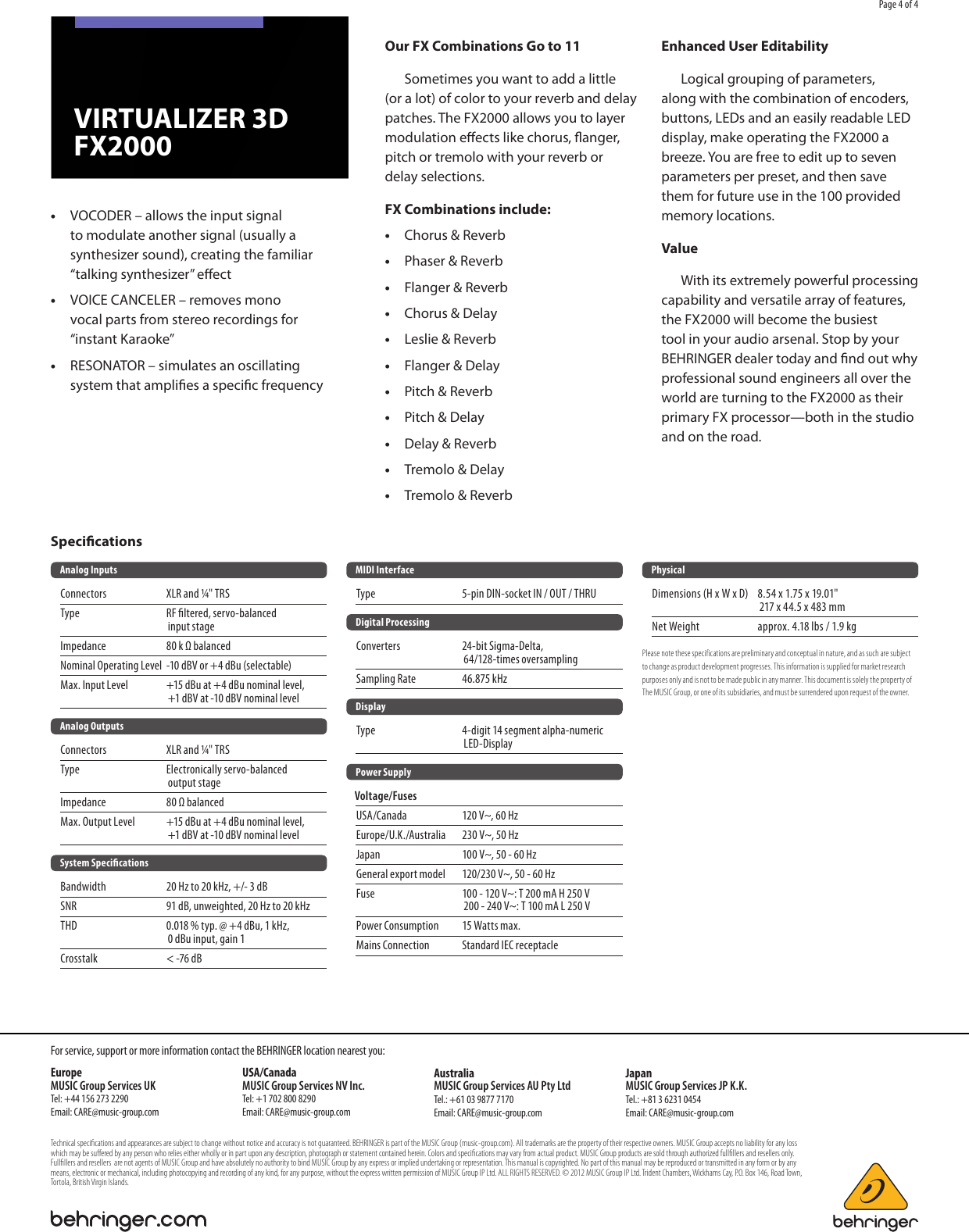 Page 4 of 4 - Behringer Behringer-High-Performance-3D-Multi-Engine-Effects-Processor-Fx2000-Users-Manual- VIRTUALIZER 3D FX2000  Behringer-high-performance-3d-multi-engine-effects-processor-fx2000-users-manual