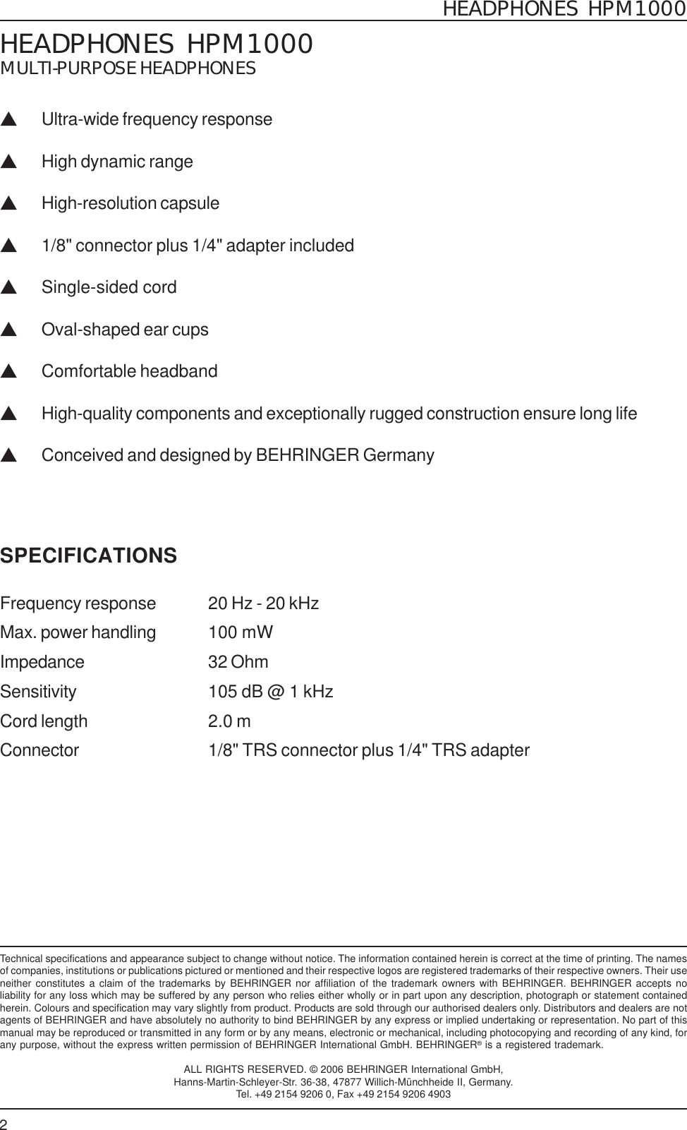 Page 2 of 2 - Behringer Behringer-Hpm1000-Specification-Sheet-  Behringer-hpm1000-specification-sheet