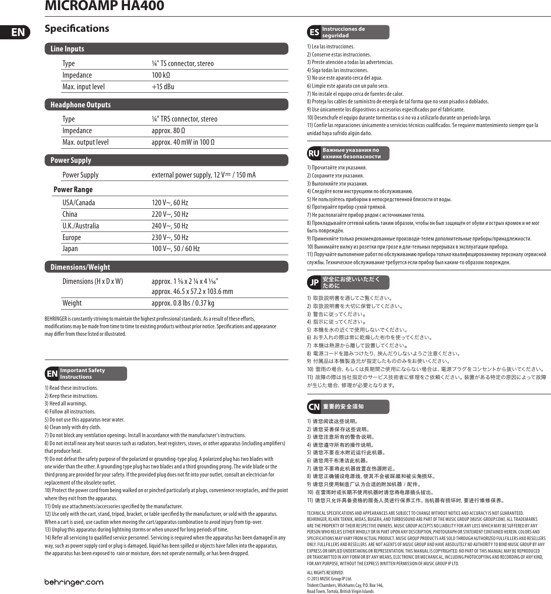 Page 2 of 2 - Behringer Behringer-Microamp-Ha400-Users-Manual- MICROAMP HA400  Behringer-microamp-ha400-users-manual