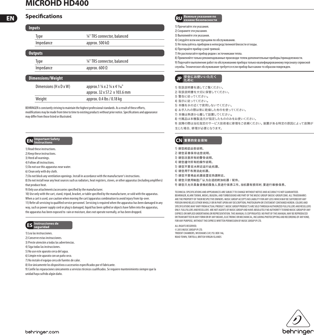 Page 2 of 2 - Behringer Behringer-Microhd-Hd400-Users-Manual- MICROHD HD400  Behringer-microhd-hd400-users-manual